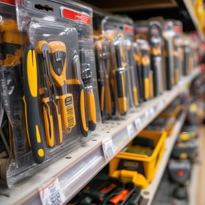 tools and hardware in packaging on shelf in store